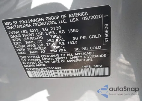 2021 Volkswagen Atlas 3.6L V6 Sel Premium из США, поврежденный, VIN 1V2TR2CA5MC531443